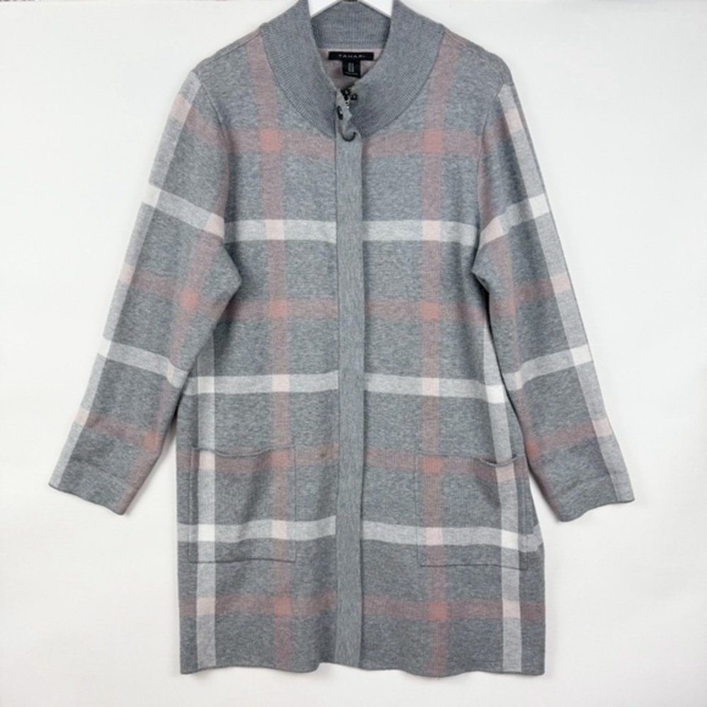 TAHARI Grey & White Striped Zip Up Cardigan Viscose Blend Size 1X Plus